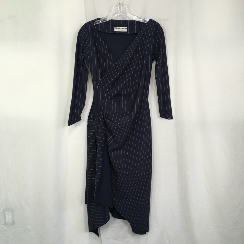 Chiara Boni Navy Blue Minna 3/4 Sleeve Pinstriped Ruched Dress Size 42 US XS - Picture 3 of 11